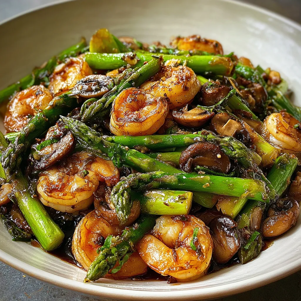 A bowl of shrimp and asparagus.