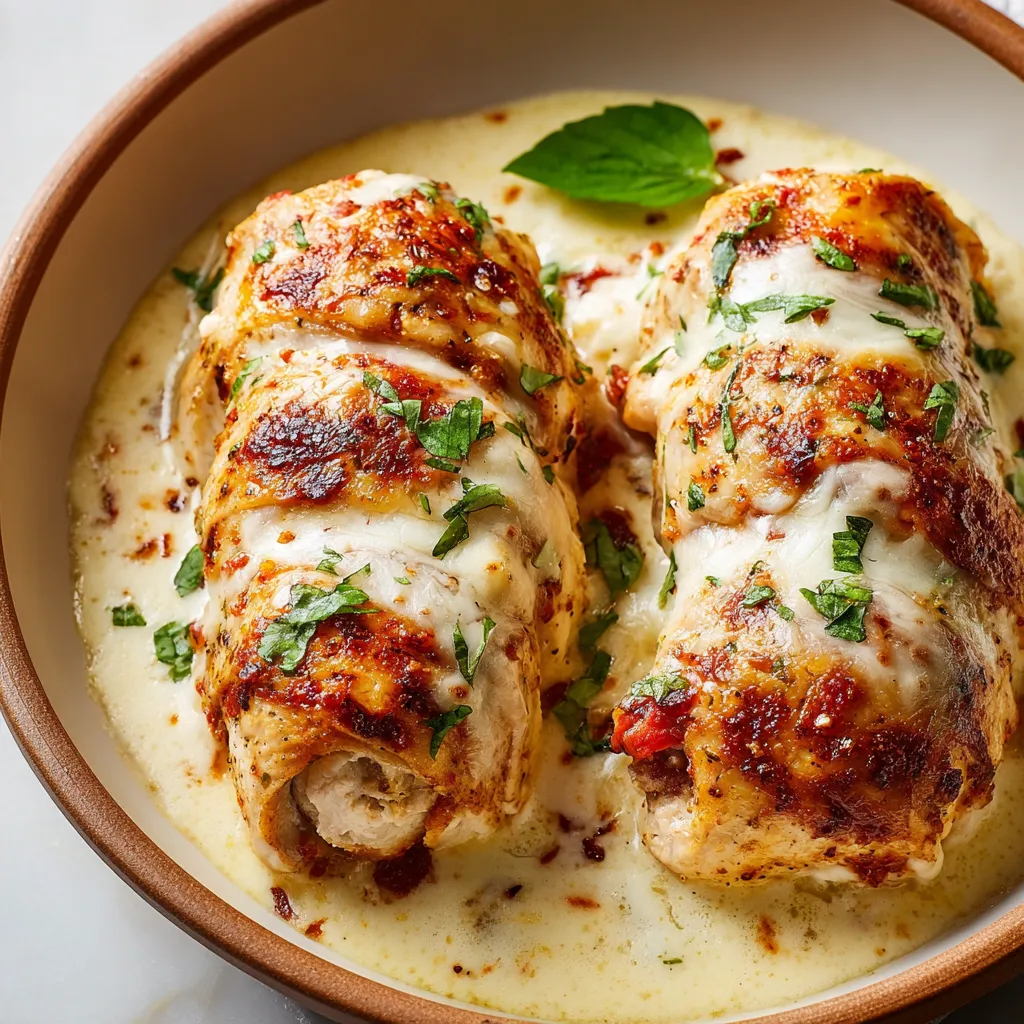 A bowl of food with chicken and sauce.