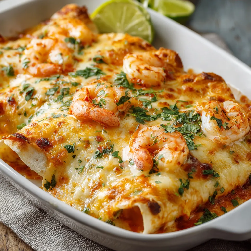 A white bowl filled with shrimp and cheese.