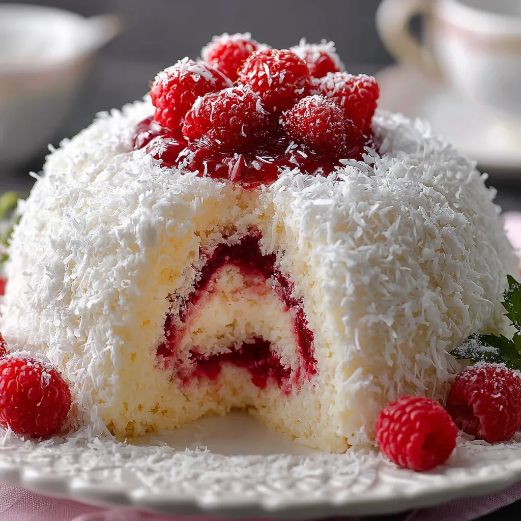 A white cake with red raspberries on top.