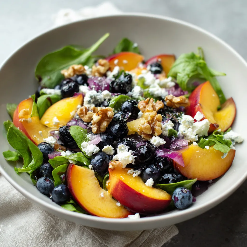 A bowl of salad with blueberries, peaches, and walnuts.