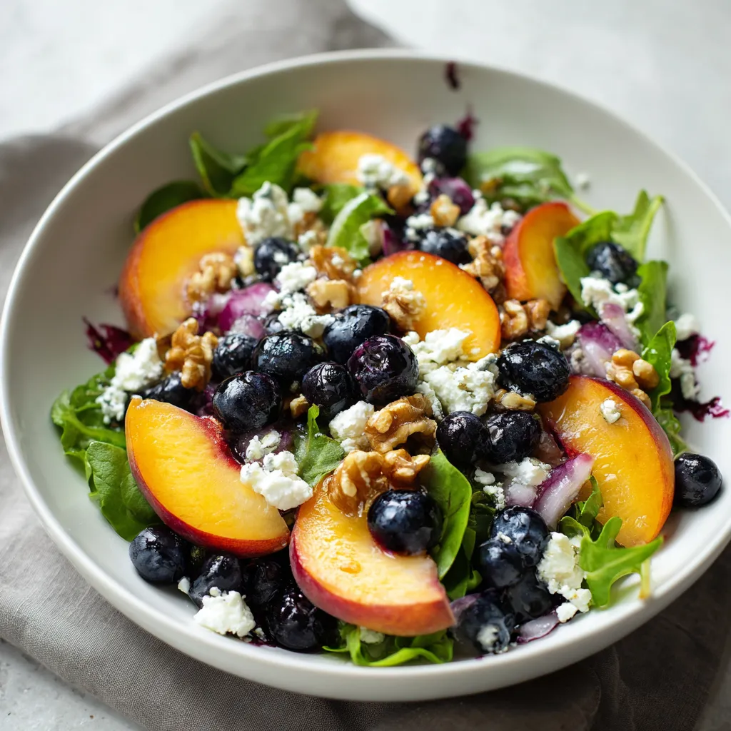 A bowl of salad with blueberries, peaches, and walnuts.