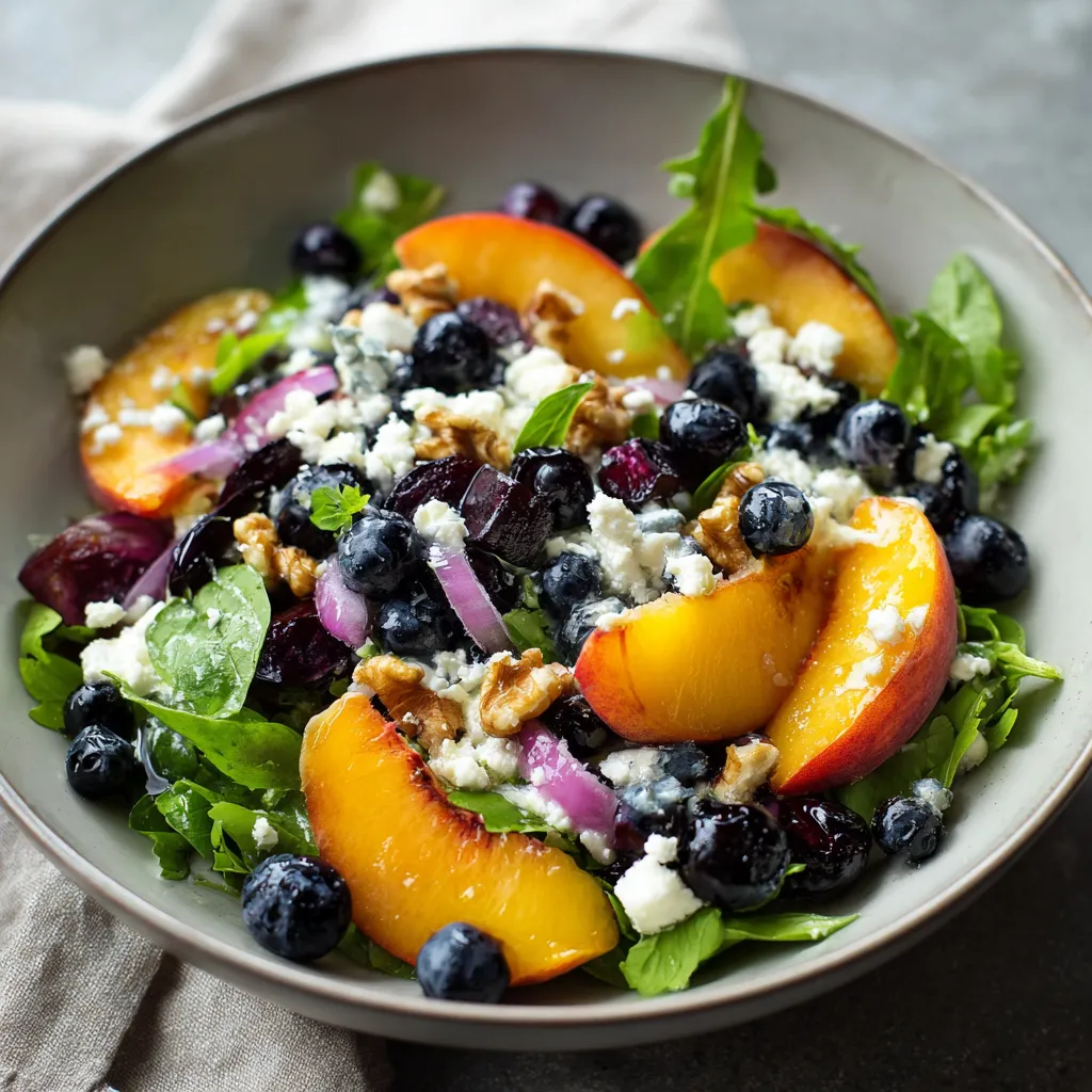 A bowl of fruit salad with blueberries, peaches, and walnuts.
