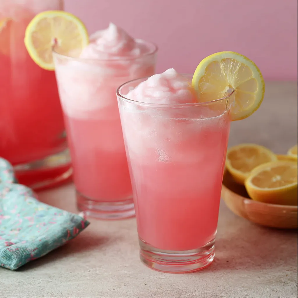 Two glasses of pink lemonade with lemon slices.