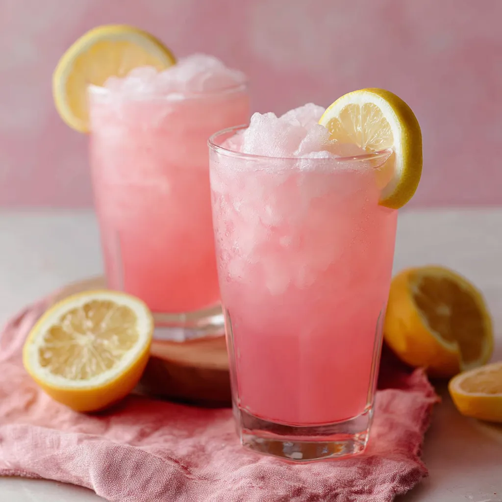 Two glasses of pink lemonade with lemon slices.