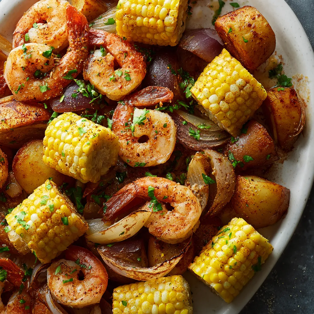 A plate of food with shrimp, corn, and onions.