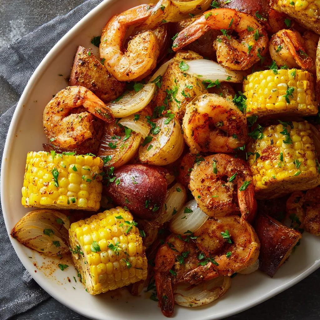 A plate of shrimp and corn.
