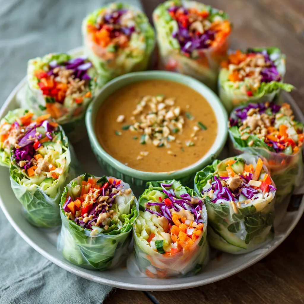 A plate of vegetable wraps with a bowl of dipping sauce.