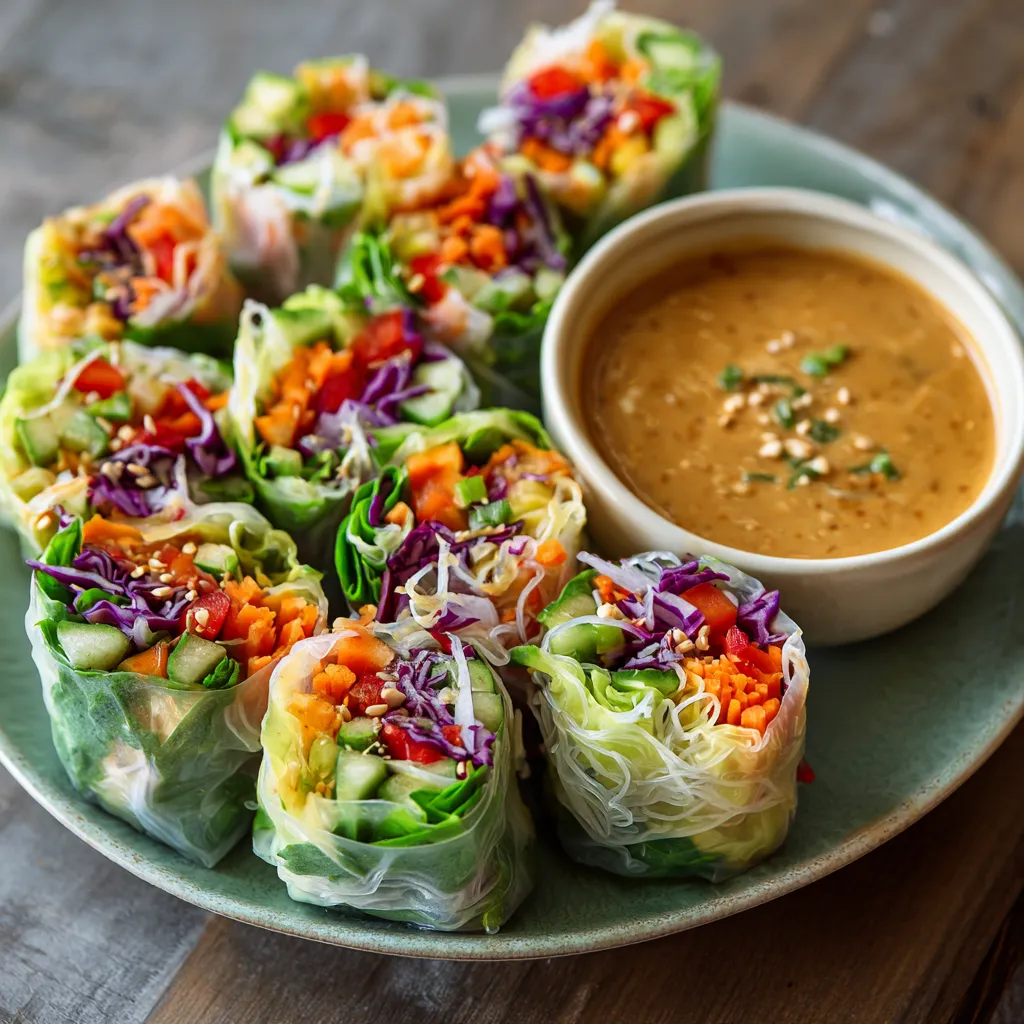 A plate of vegetable wraps with a bowl of sauce.