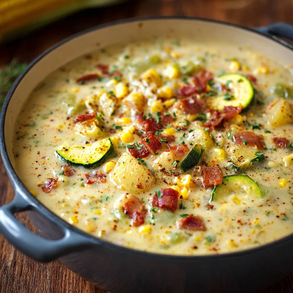 A bowl of soup with corn and zucchini.