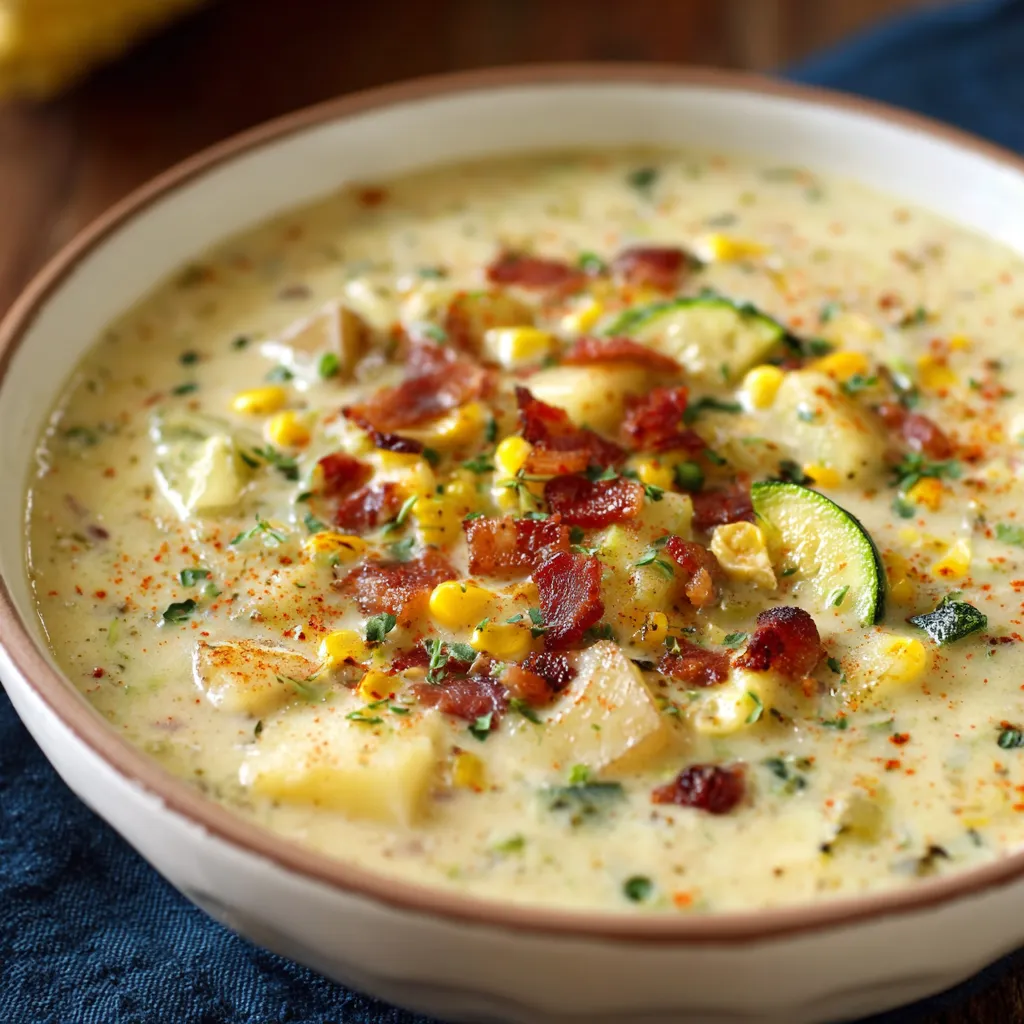 A bowl of soup with bacon and corn.