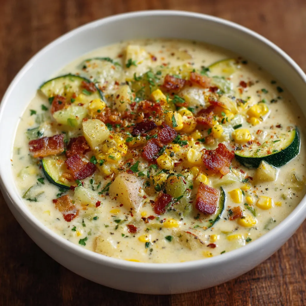 A bowl of soup with bacon and corn.