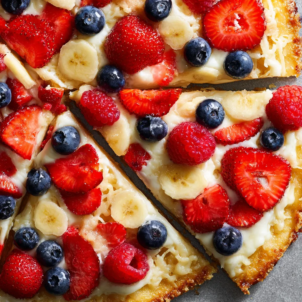 A slice of pizza with bananas, strawberries, and blueberries.
