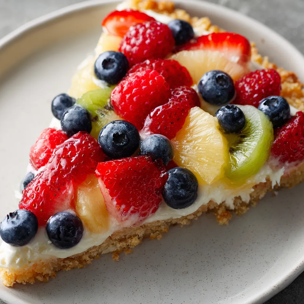 A slice of fruit pie with blueberries, strawberries, and pineapple.