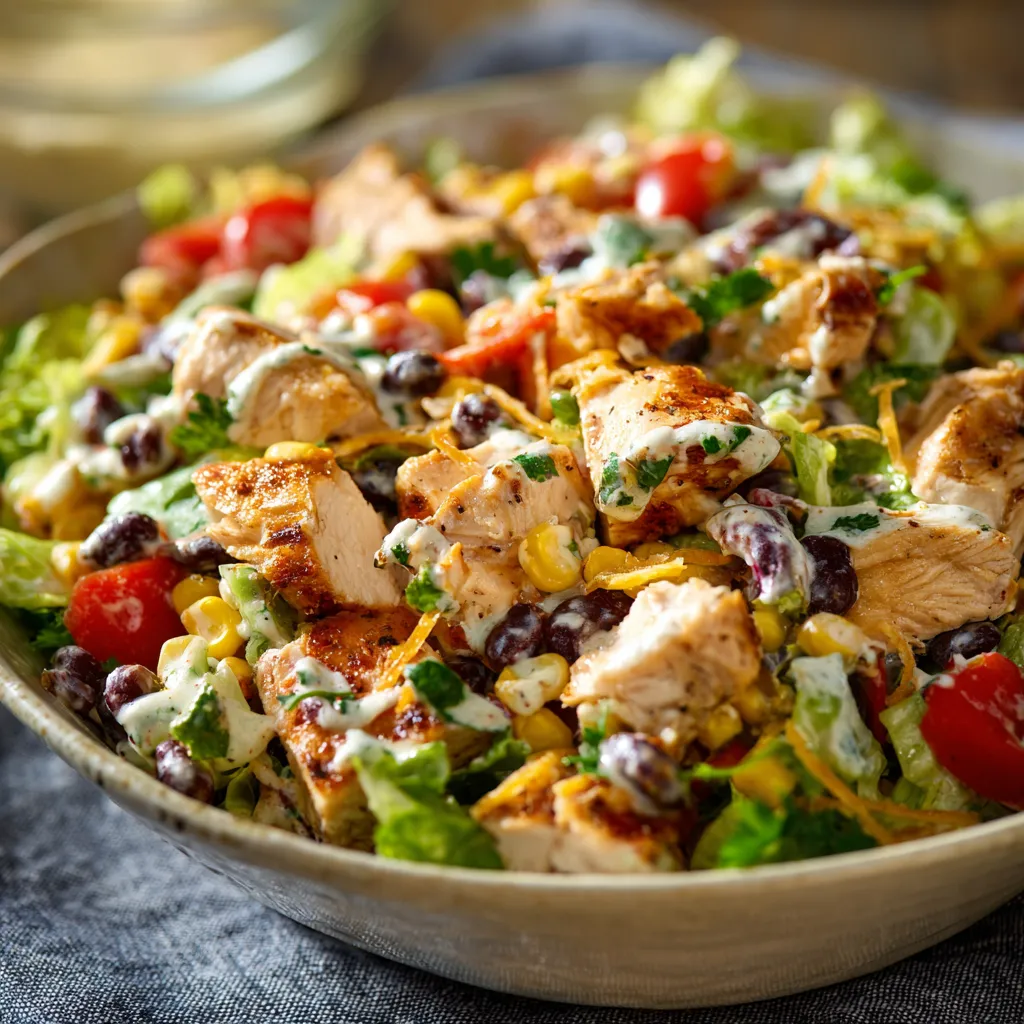 A bowl of chicken salad with lettuce and tomatoes.