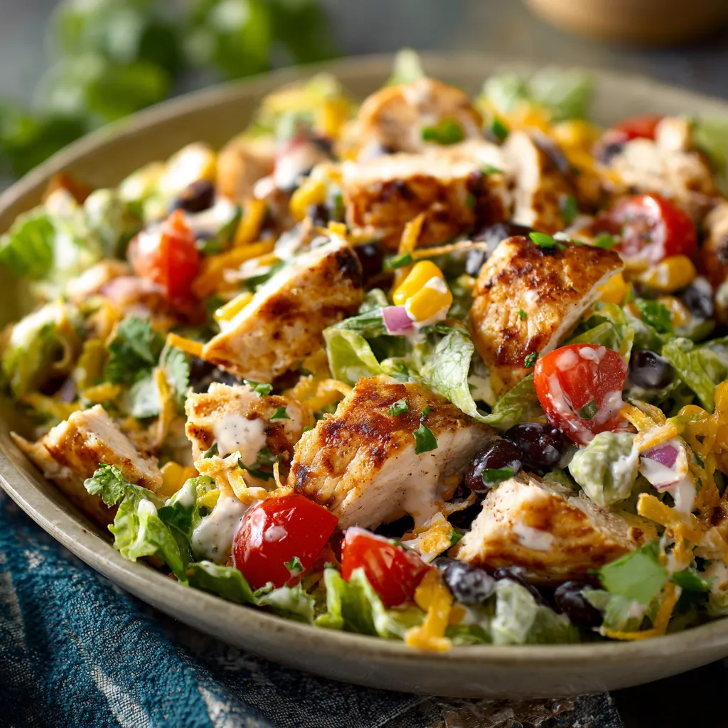A bowl of chicken salad with tomatoes, lettuce, and cheese.