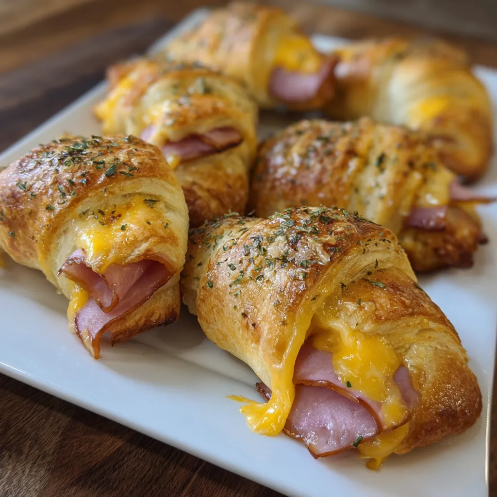 A plate of ham and cheese croissants.