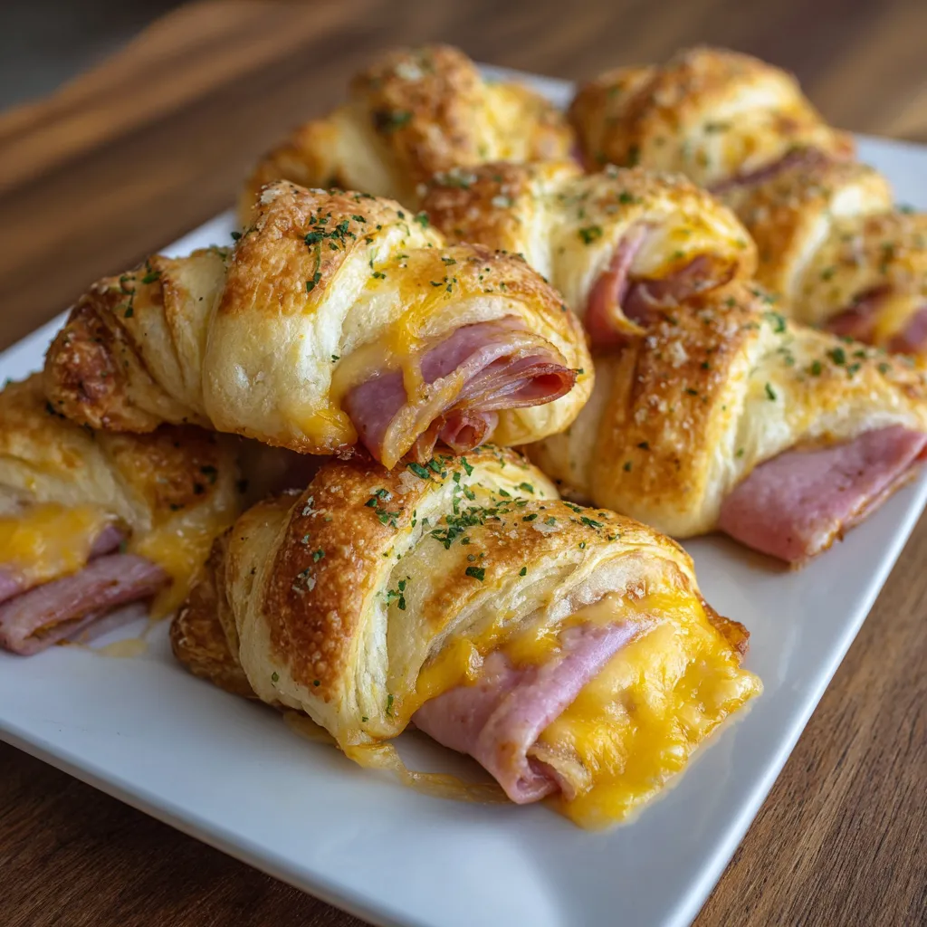 A plate of ham and cheese croissants.