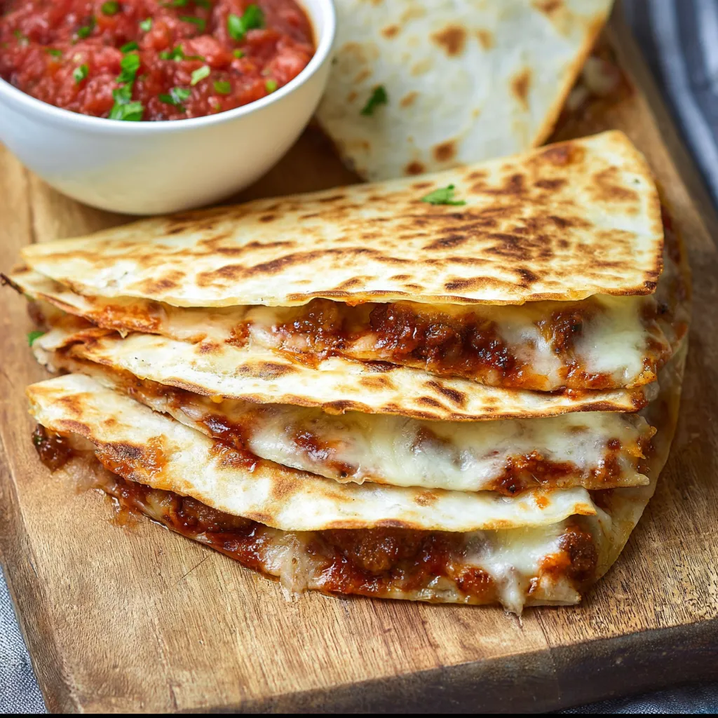 A stack of quesadillas on a wooden cutting board.