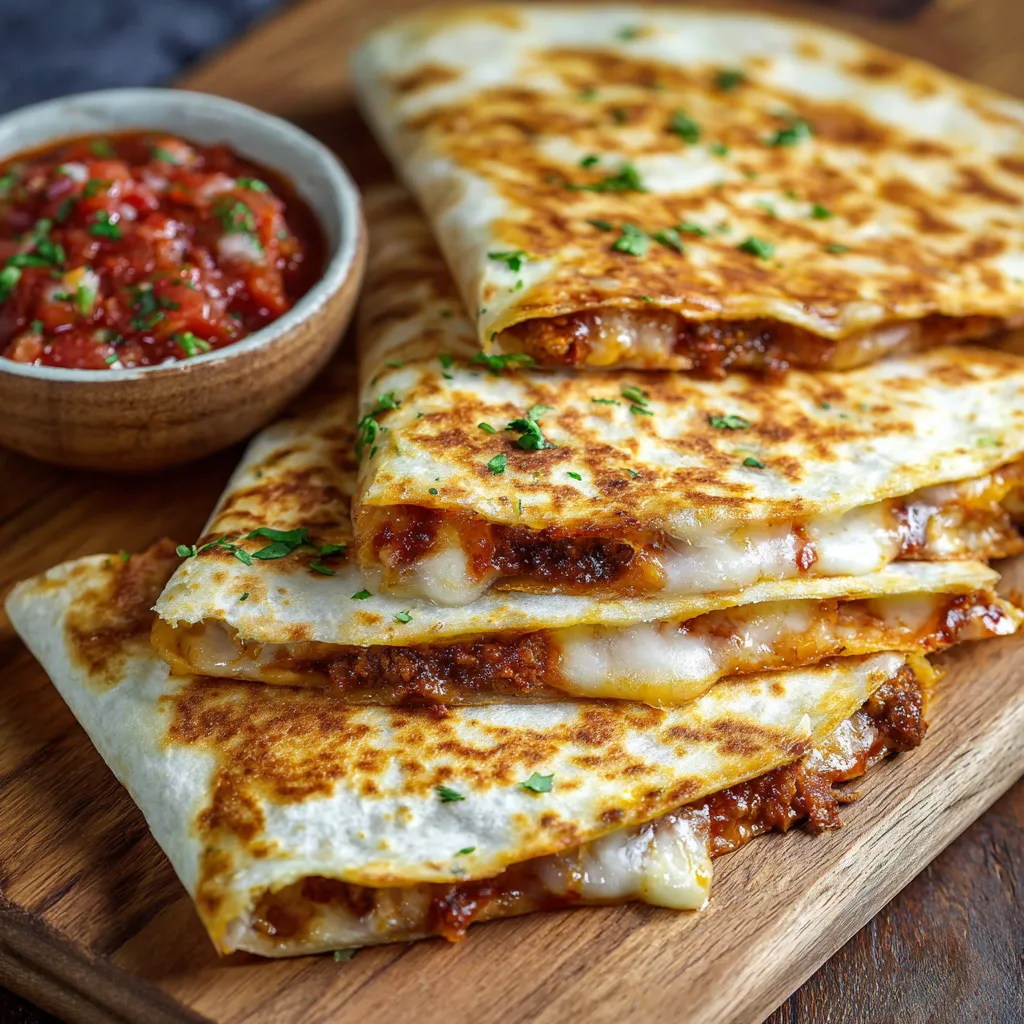 A bowl of salsa and a plate of quesadillas.