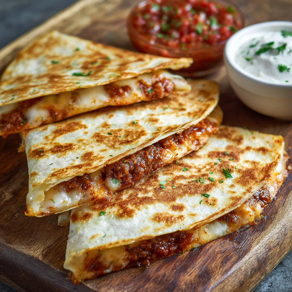 A stack of three quesadillas with a bowl of salsa.