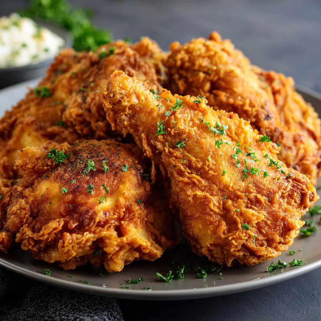 A plate of fried chicken with green herbs on top.