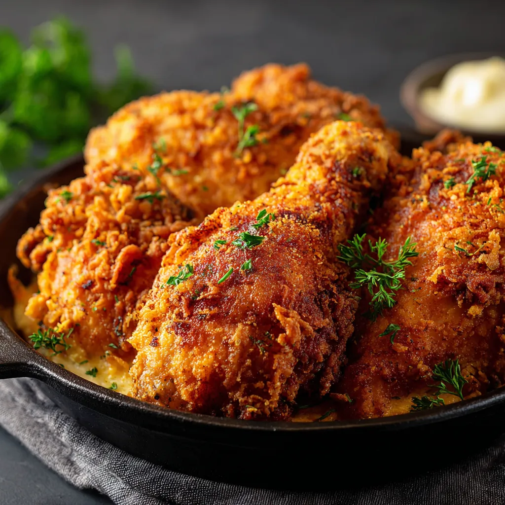 A pan of fried chicken with herbs on top.