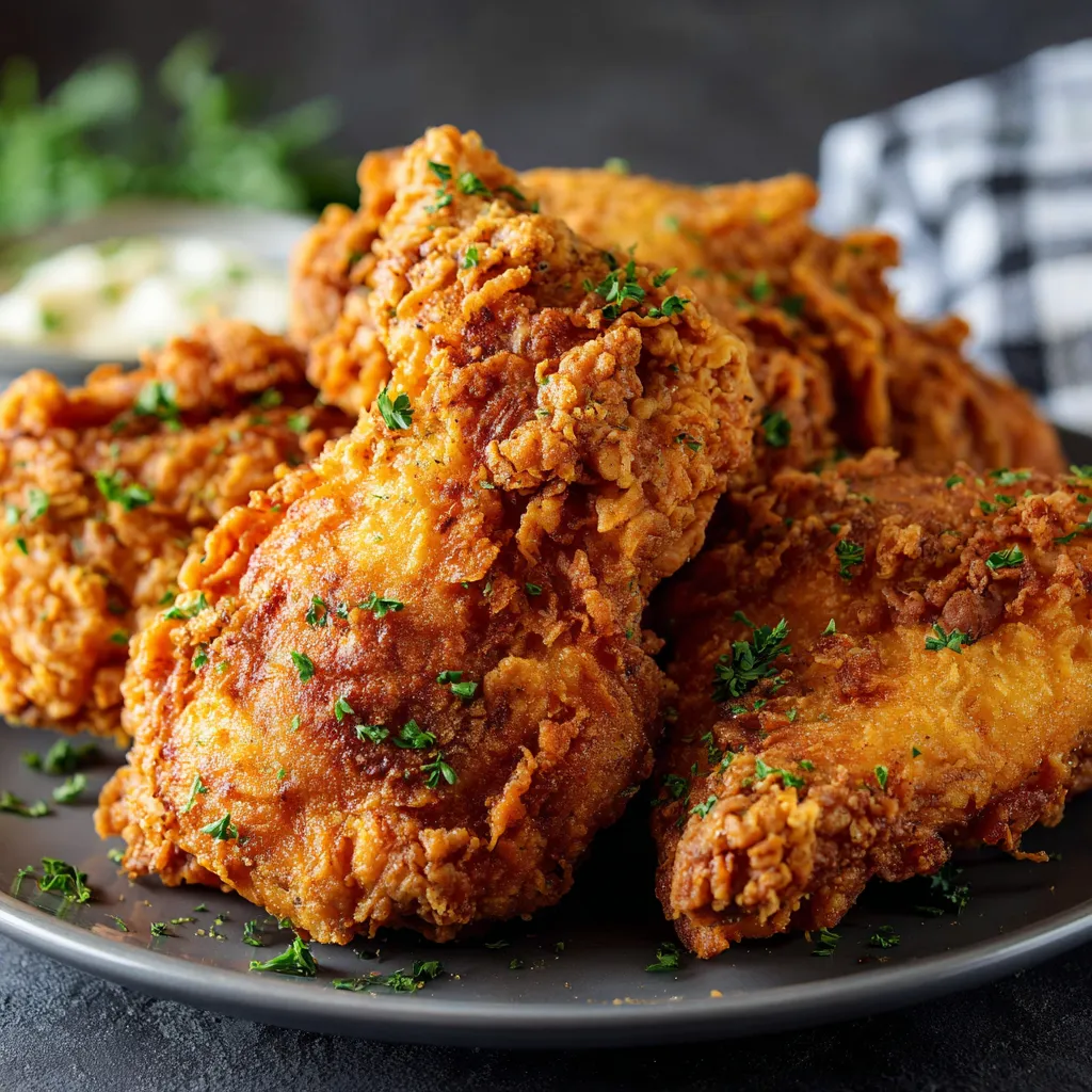 A plate of fried chicken with herbs on top.