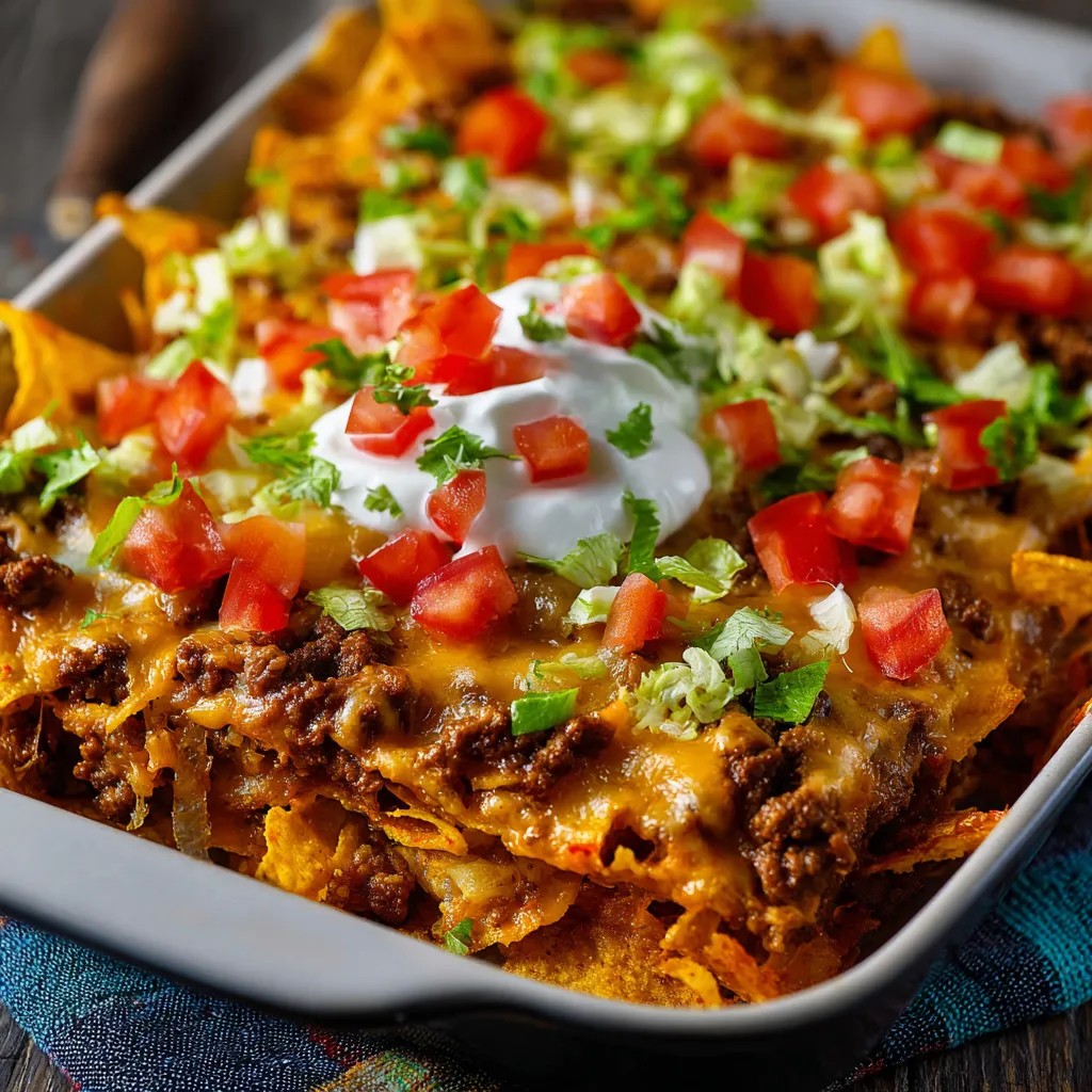 A pan of nachos with white cheese and tomatoes.