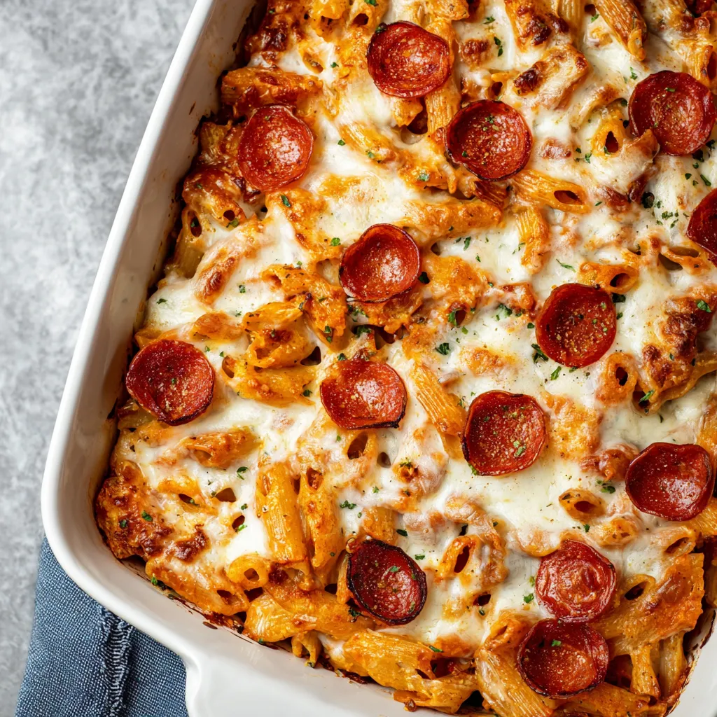 A dish of pasta with pepperoni and cheese.
