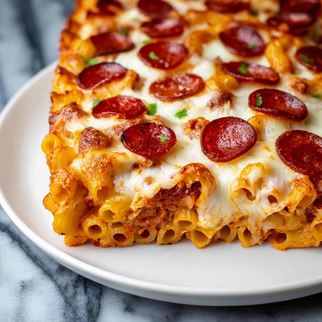 A plate of food with pepperoni and noodles.