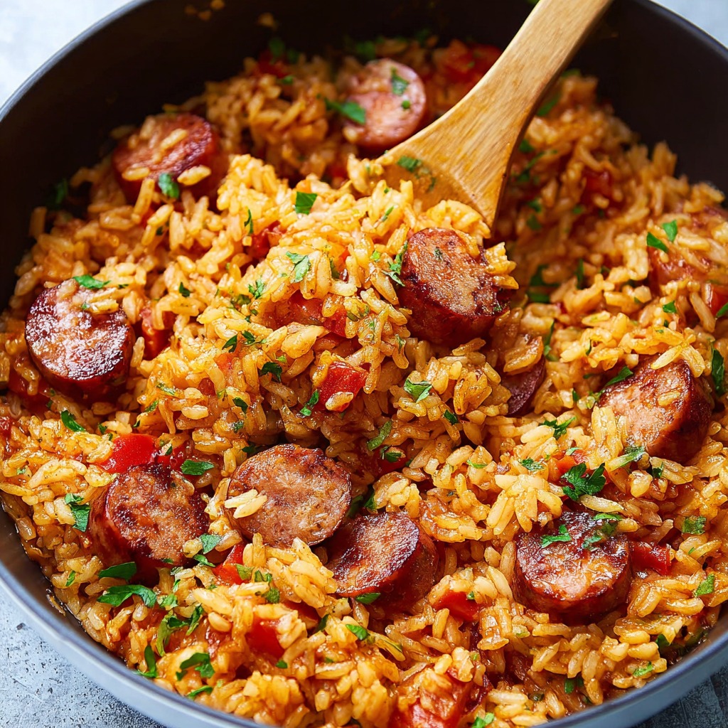 A bowl of rice with sausage and vegetables.
