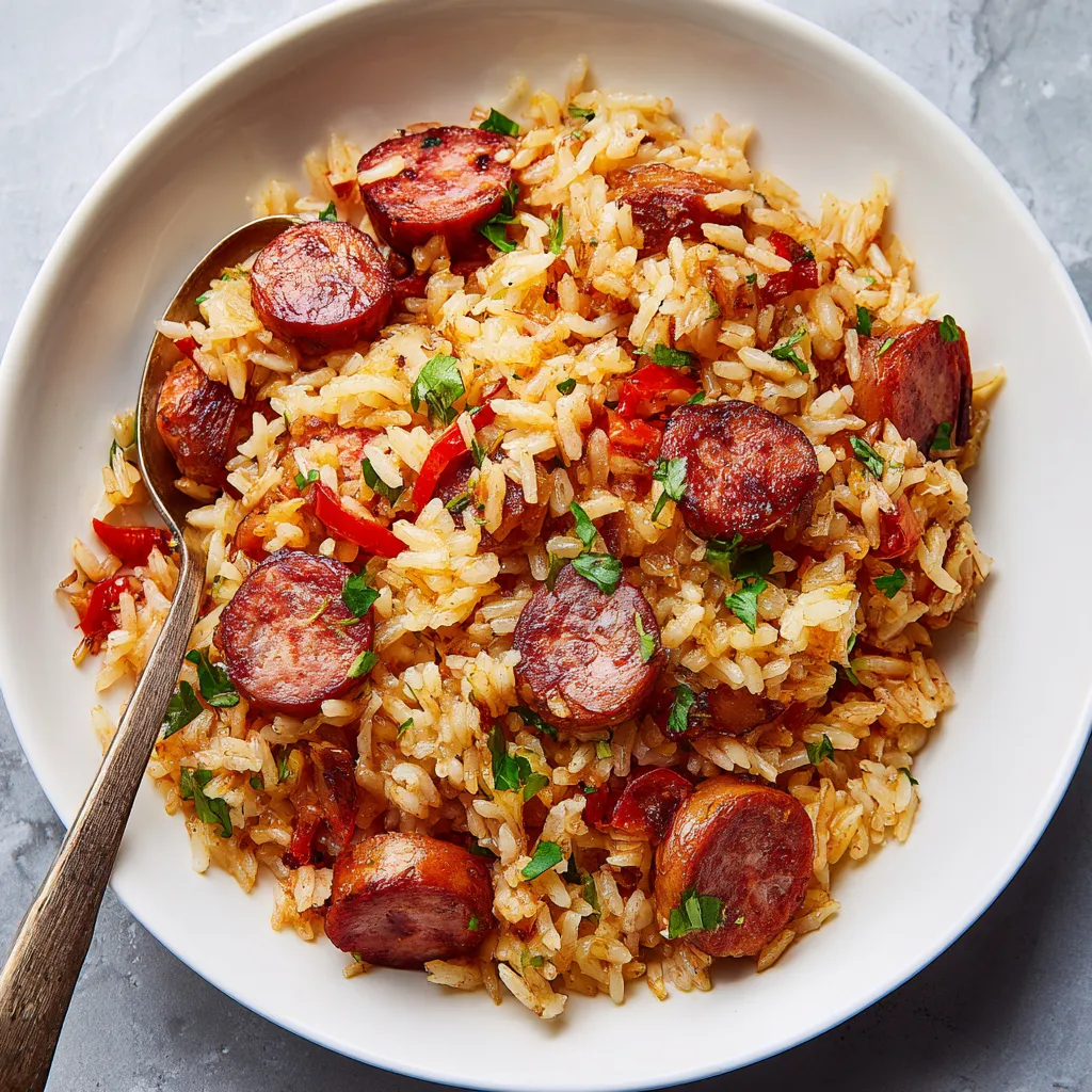 A bowl of rice with sausage and peppers.