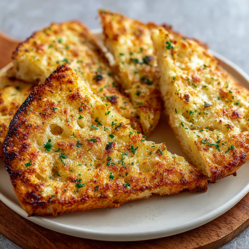 A plate of bread with cheese and herbs on it.
