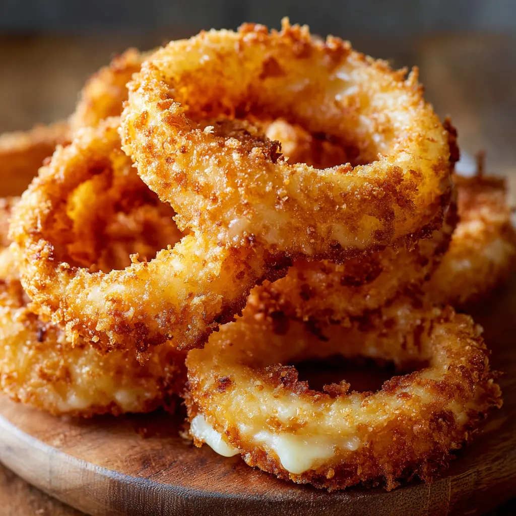 A pile of onion rings on a wooden table.