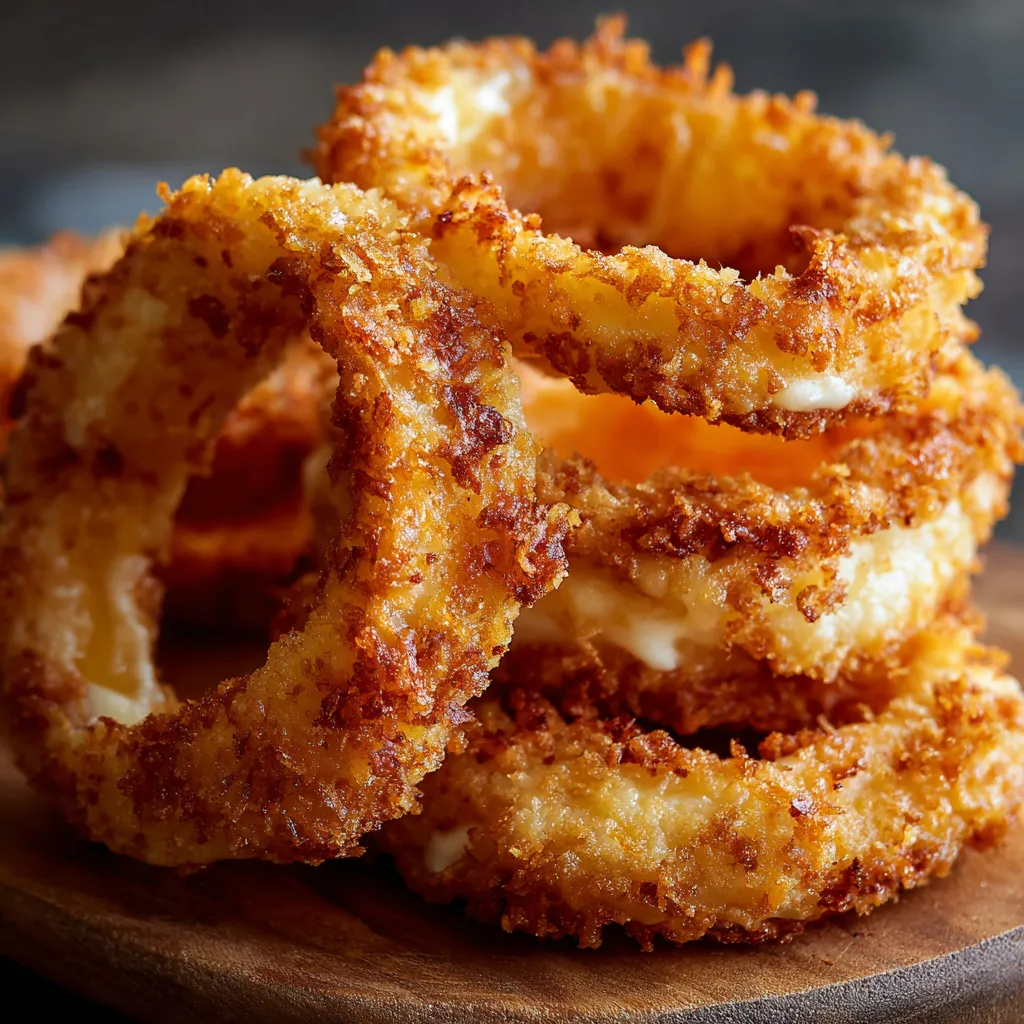 A pile of fried onion rings on a wooden table.