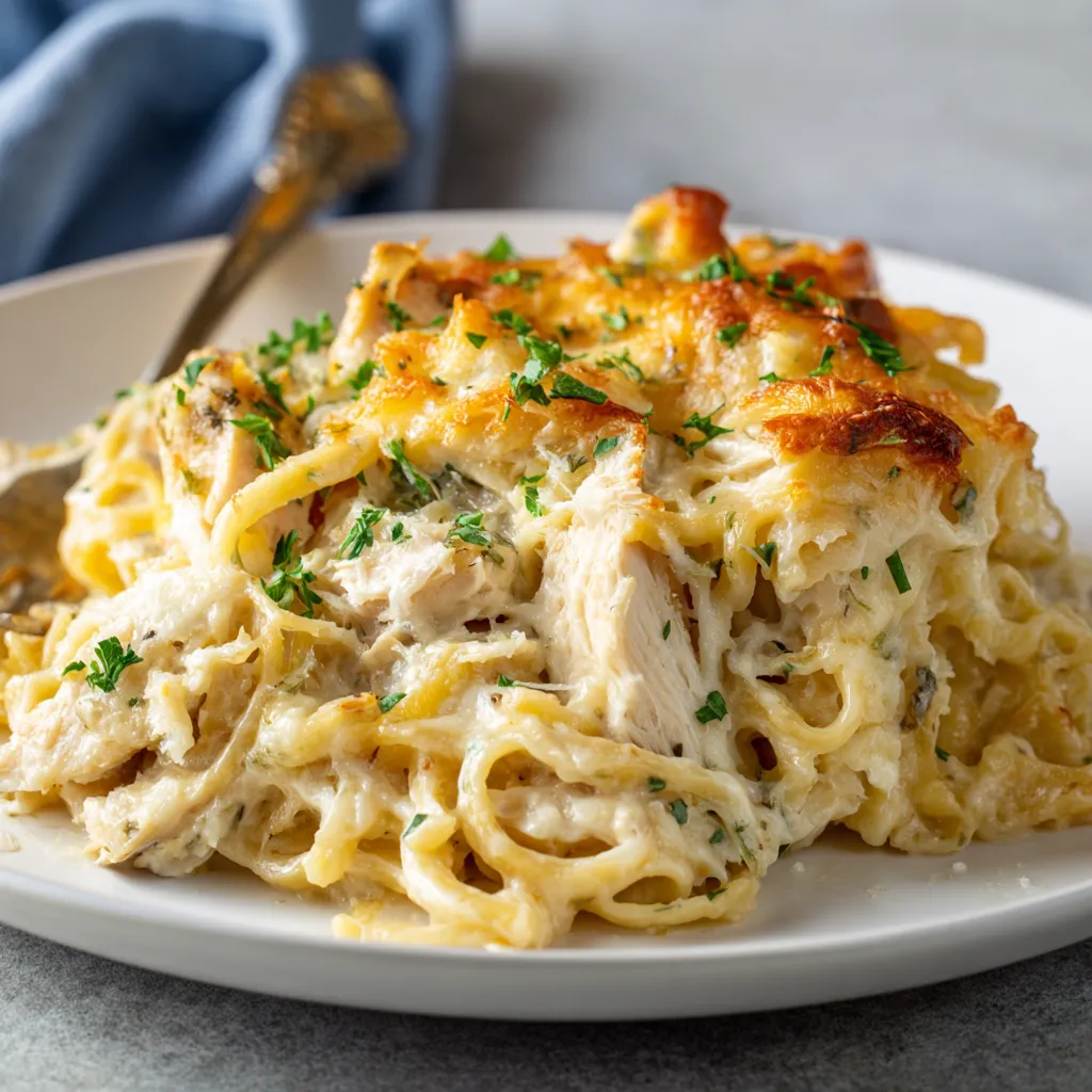 A plate of pasta with chicken and cheese.