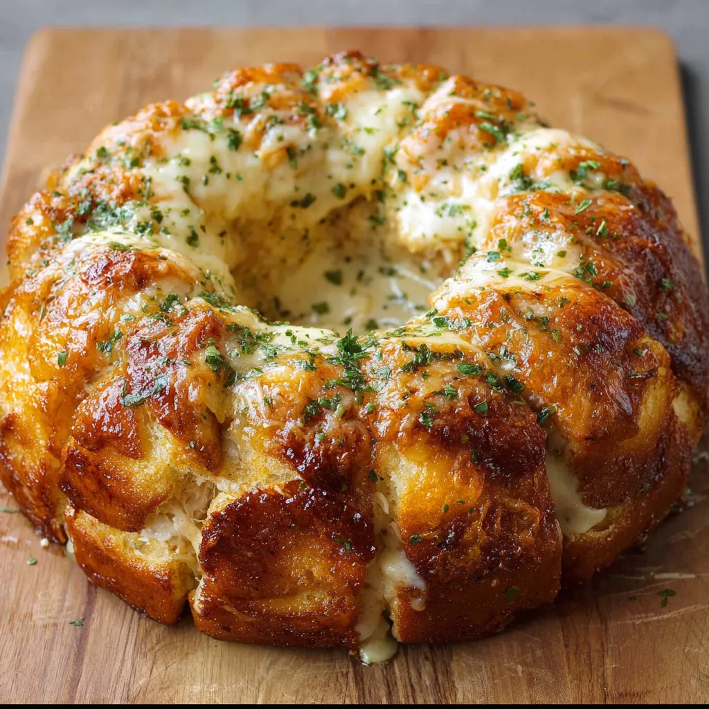 A cheesy casserole on a wooden cutting board.