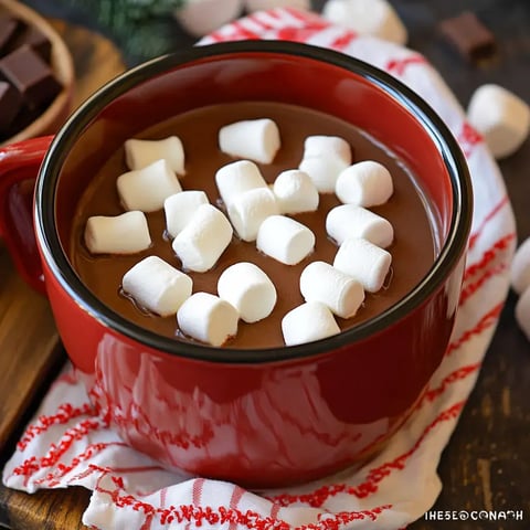 A steaming red mug of hot chocolate with marshmallows on top, surrounded by chocolate chunks on a striped cloth.
