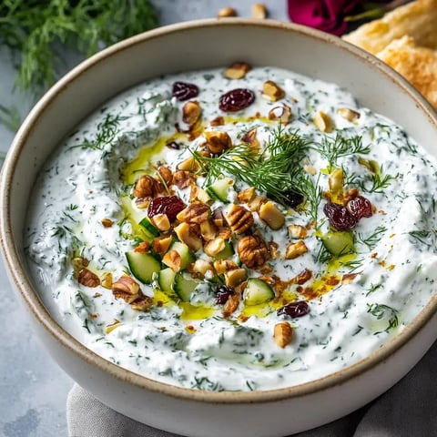 A creamy yogurt spread topped with diced cucumbers, dried fruit, nuts, and a drizzle of oil, surrounded by sprigs of dill.