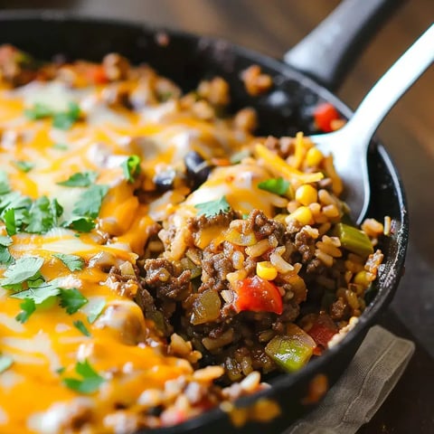 Skillet packed with beef, rice, beans, corn and peppers, cheesy on top and sprinkled with cilantro.