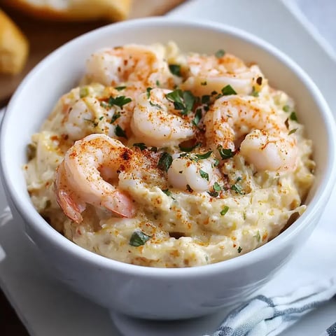 A creamy shrimp spread decorated with herbs and paprika, topped with whole shrimp.