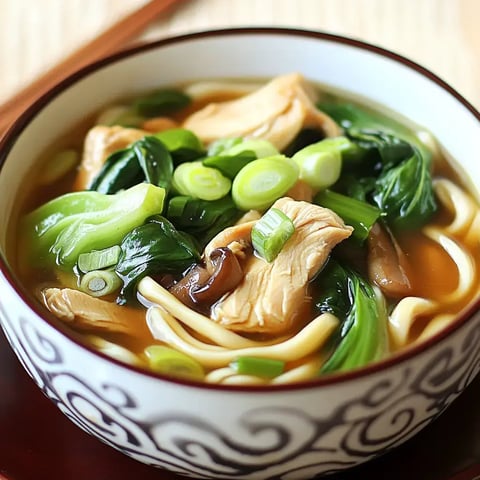 Warm noodle bowl with juicy chicken, leafy greens, noodles, and crunchy scallions in a tasty brown broth.