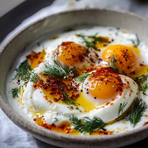 A bowl of eggs with herbs and spices on top.