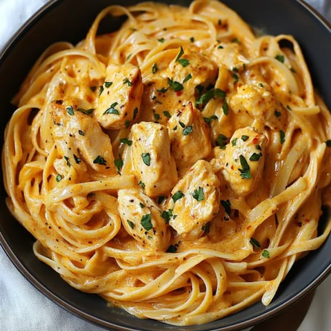 A bowl of pasta with chicken and sauce.