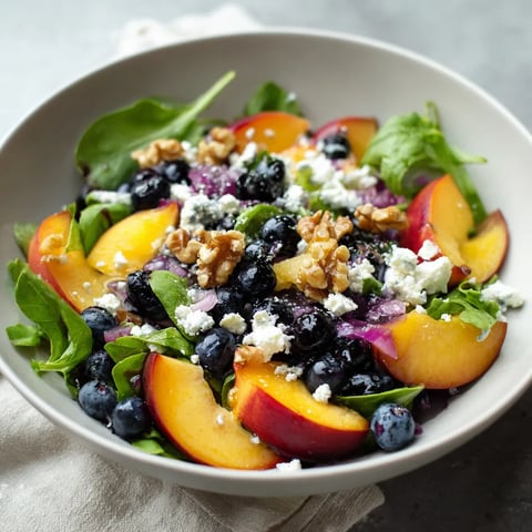 A bowl of salad with blueberries, peaches, and walnuts.