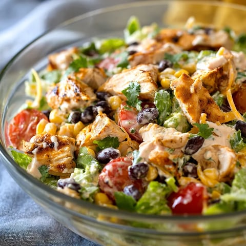 A bowl of chicken salad with tomatoes, beans, and lettuce.
